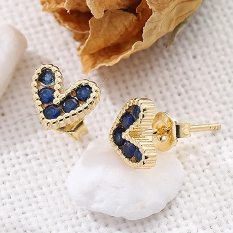 1 Pair Fashion Heart Shape Inlay Copper Zircon 18K Gold Plated Ear Studs dark blue