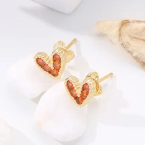 1 Pair Fashion Heart Shape Inlay Copper Zircon 18K Gold Plated Ear Studs orange