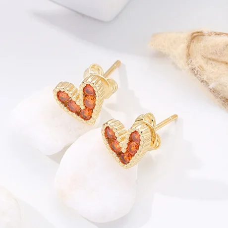 1 Pair Fashion Heart Shape Inlay Copper Zircon 18K Gold Plated Ear Studs orange