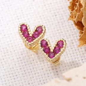1 Pair Fashion Heart Shape Inlay Copper Zircon 18K Gold Plated Ear Studs purple