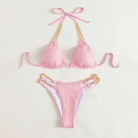Women's Stripe Solid Color 2 Piece Set Bikinis pink (2)