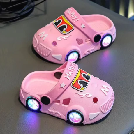 High Quality Summer Boy's Cartoon Car Design Slip on Anti Slip Casual Outdoor Flashing LED Sandal Shoes (1)