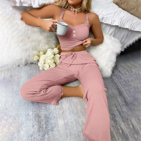Two Piece Set Soft Sleepwear Lace Ladies Home Wear Summer Loungewear Women Pajamas (3) (1)